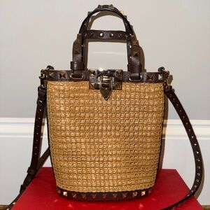 Valentino Rockstud Mini Raffia & Leather Cross body bag